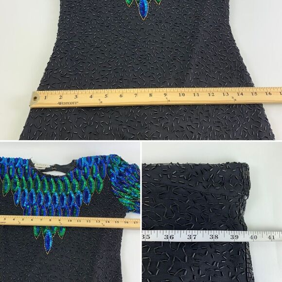Stenay Silk Beaded Dress Sheath Short Sleeves Blue Black Peacock Feathers Size 6 - Picture 16 of 16